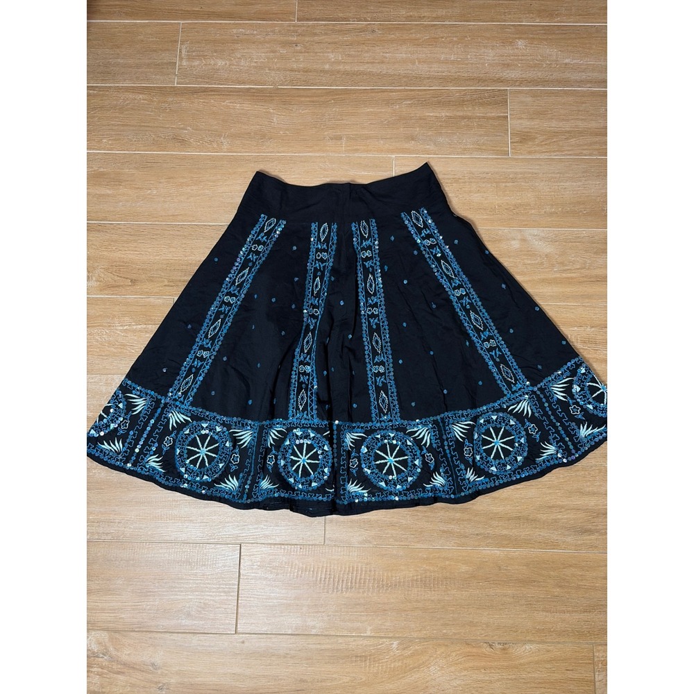 Bentley a. Black Embroidered Sequin Midi Skirt Boho A-Line Side Zip Women small